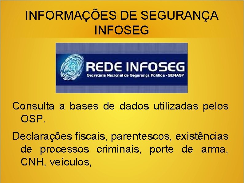INFORMAÇÕES DE SEGURANÇA INFOSEG Consulta a bases de dados utilizadas pelos OSP. Declarações fiscais,