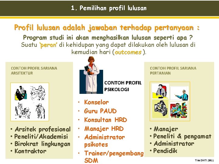 1. Pemilihan profil lulusan Profil lulusan adalah jawaban terhadap pertanyaan : Program studi ini