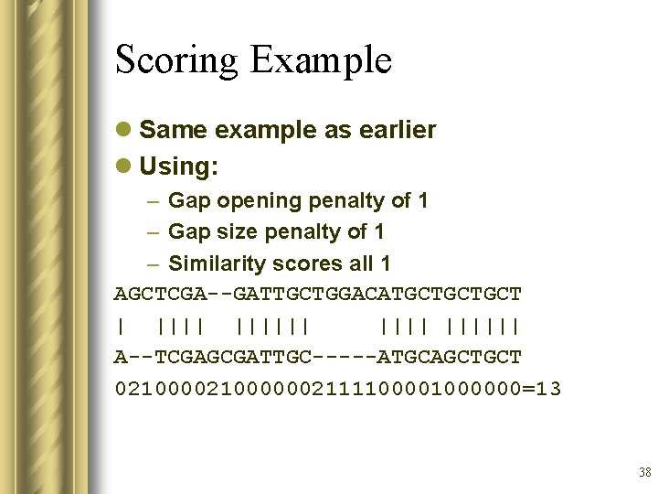 Scoring Example l Same example as earlier l Using: – Gap opening penalty of
