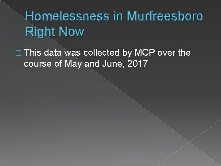 Homelessness in Murfreesboro Right Now � This data was collected by MCP over the