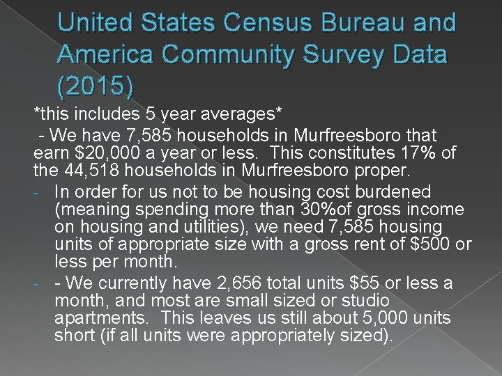 United States Census Bureau and America Community Survey Data (2015) *this includes 5 year