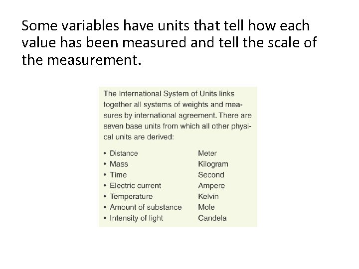 Some variables have units that tell how each value has been measured and tell