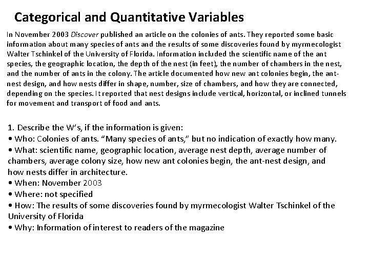 Categorical and Quantitative Variables In November 2003 Discover published an article on the colonies