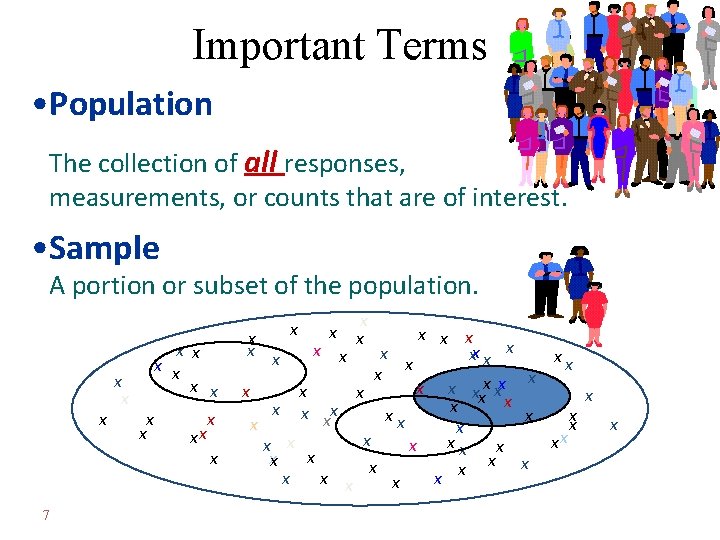 Important Terms • Population The collection of all responses, measurements, or counts that are