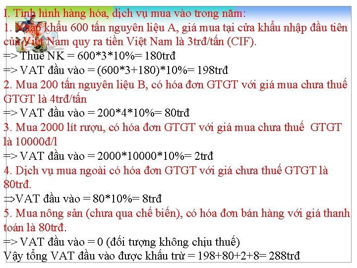 I. Tình hàng hóa, dịch vụ mua vào trong năm: 1. Nhập khẩu 600