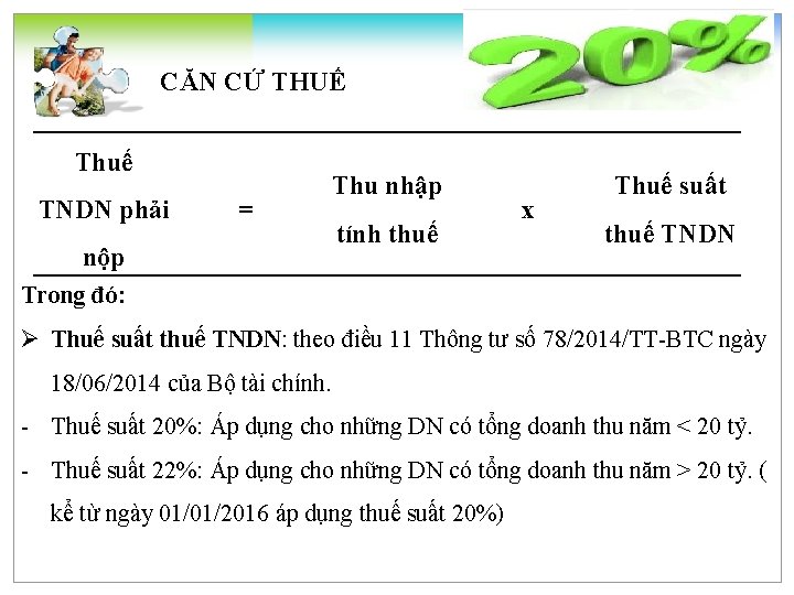 CĂN CỨ THUẾ Thuế TNDN phải = Thu nhập nộp tính thuế x Thuế