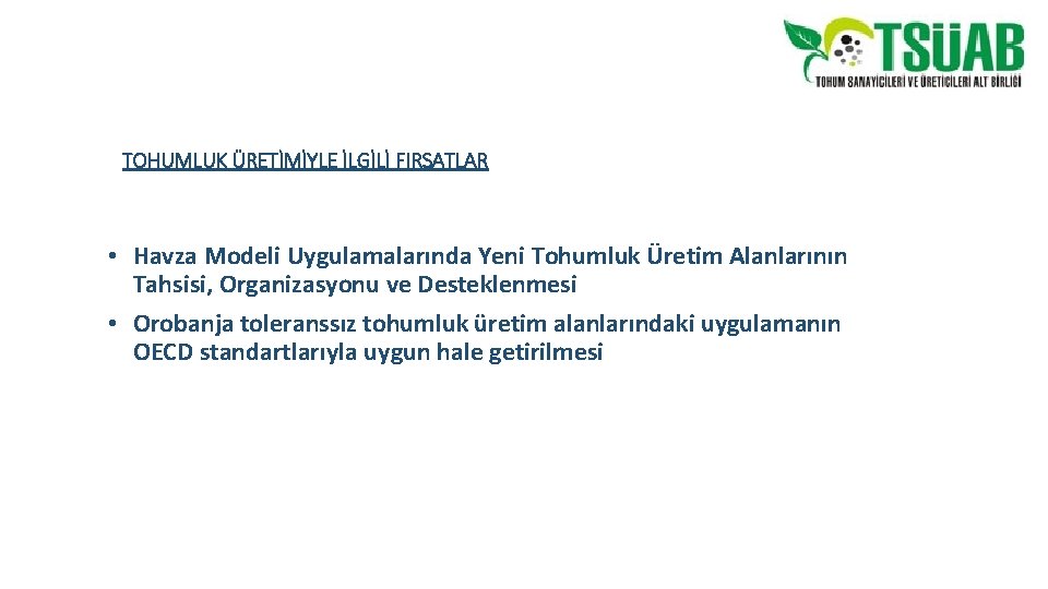 TOHUMLUK ÜRETİMİYLE İLGİLİ FIRSATLAR • Havza Modeli Uygulamalarında Yeni Tohumluk Üretim Alanlarının Tahsisi, Organizasyonu