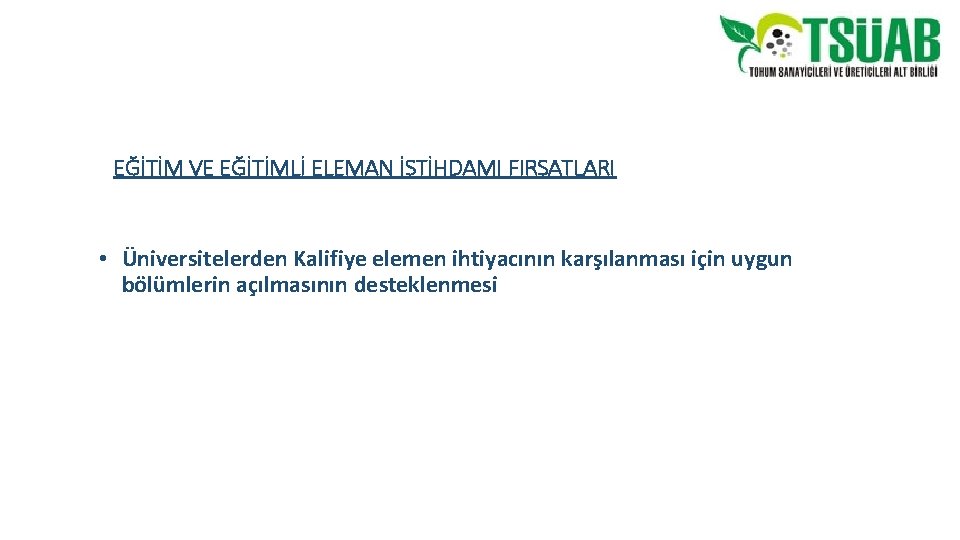 EĞİTİM VE EĞİTİMLİ ELEMAN İSTİHDAMI FIRSATLARI • Üniversitelerden Kalifiye elemen ihtiyacının karşılanması için uygun