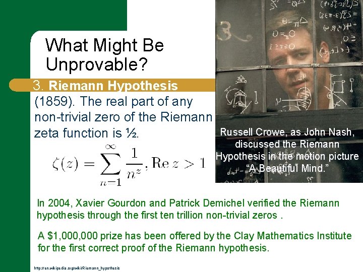 What Might Be Unprovable? 3. Riemann Hypothesis (1859). The real part of any non-trivial