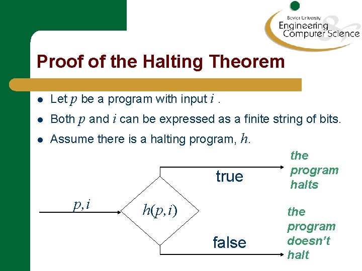 Proof of the Halting Theorem l Let p be a program with input i.