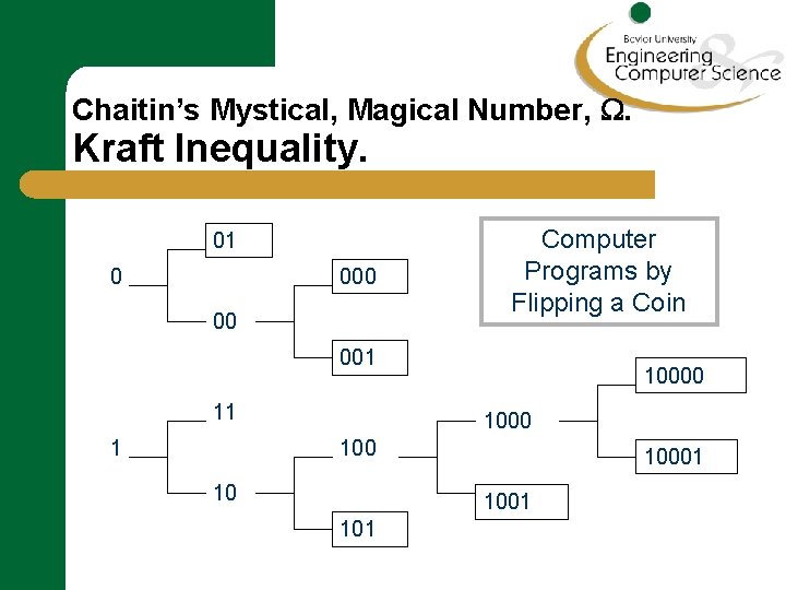 Chaitin’s Mystical, Magical Number, . Kraft Inequality. 01 000 0 00 Computer Programs by