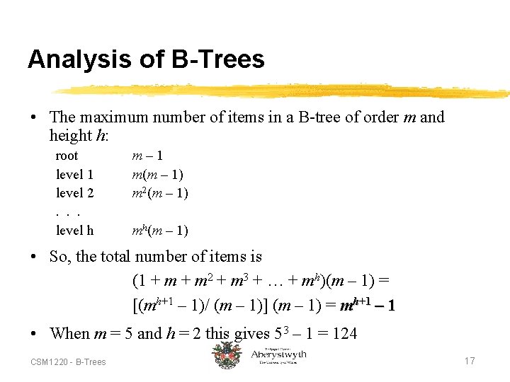 Analysis of B-Trees • The maximum number of items in a B-tree of order