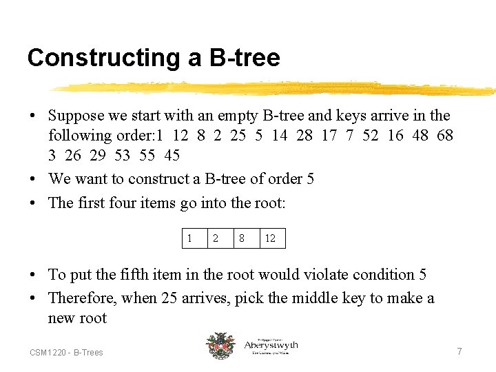 Constructing a B-tree • Suppose we start with an empty B-tree and keys arrive