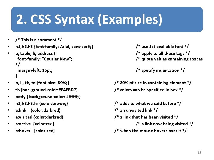 2. CSS Syntax (Examples) • • • /* This is a comment */ h