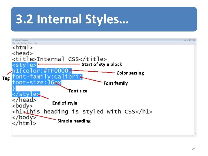 3. 2 Internal Styles… Start of style block Color setting Tag Font family Font