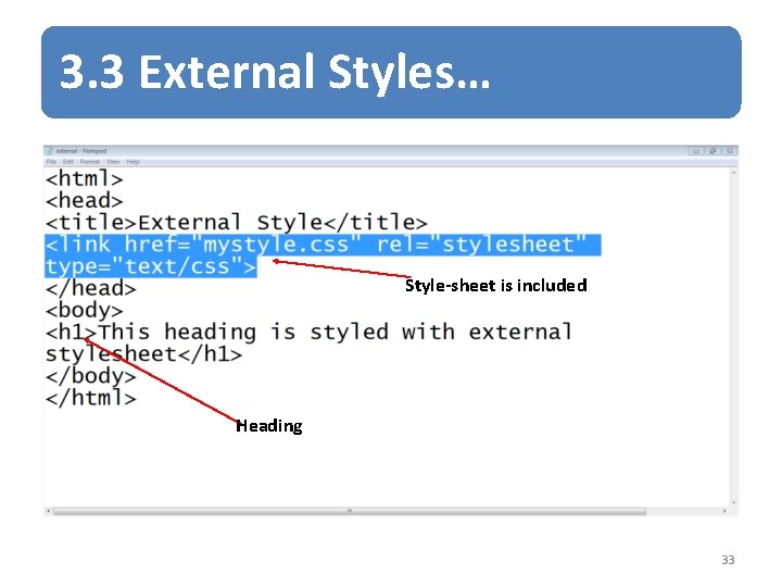 3. 3 External Styles… Style-sheet is included Heading 33 