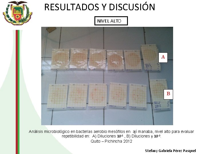 RESULTADOS Y DISCUSIÓN NIVEL ALTO A B Análisis microbiológico en bacterias aerobio mesófilos en