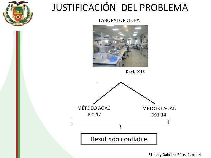 JUSTIFICACIÓN DEL PROBLEMA LABORATORIO CEA Dicyt, 2013 MÉTODO AOAC 990. 12 MÉTODO AOAC 991.