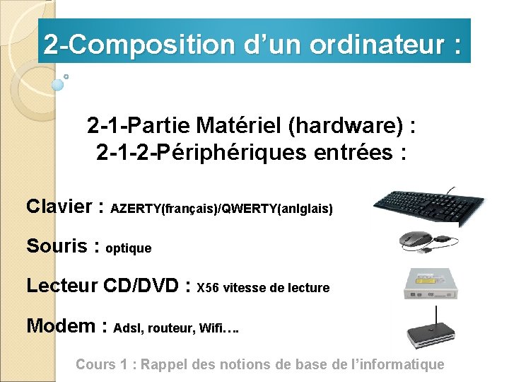 2 -Composition d’un ordinateur : 2 -1 -Partie Matériel (hardware) : 2 -1 -2