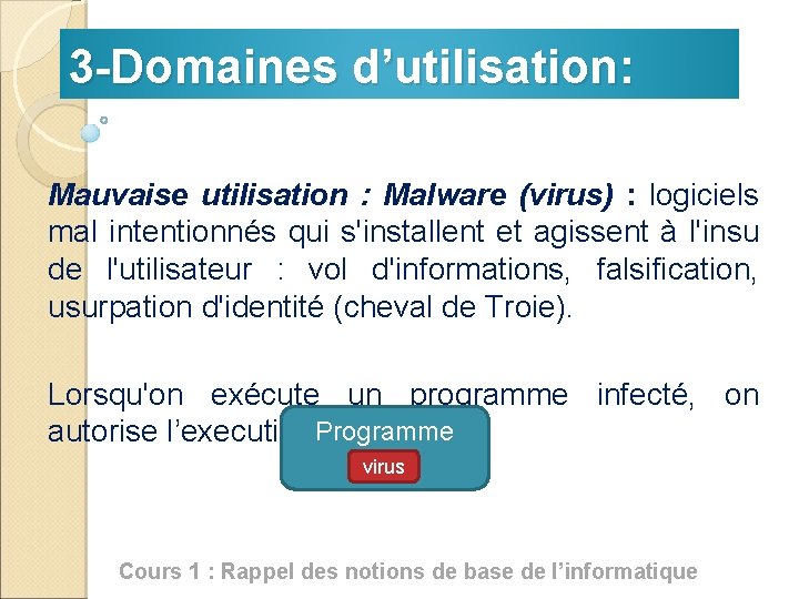 3 -Domaines d’utilisation: Mauvaise utilisation : Malware (virus) : logiciels mal intentionnés qui s'installent