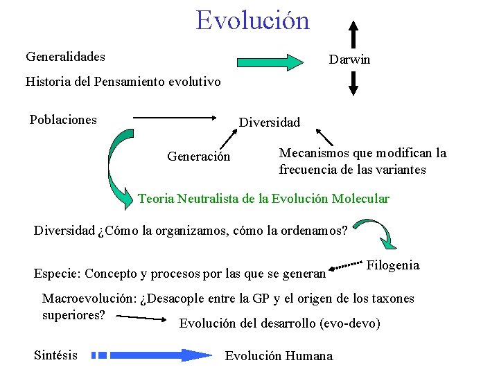 Evolución Generalidades Darwin Historia del Pensamiento evolutivo Poblaciones Diversidad Generación Mecanismos que modifican la Evolución Generalidades Darwin Historia del Pensamiento evolutivo Poblaciones Diversidad Generación Mecanismos que modifican la