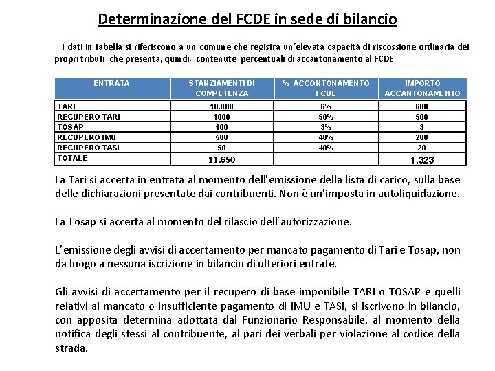 Determinazione del FCDE in sede di bilancio I dati in tabella si riferiscono a