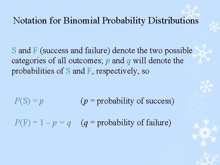 Notation for Binomial Probability Distributions S and F (success and failure) denote the two