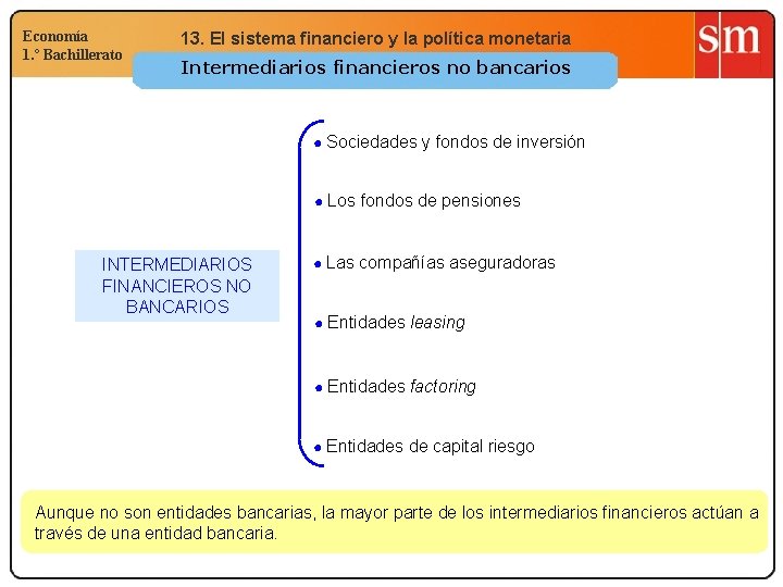 Economía 1. º Bachillerato 13. El sistema financiero y la política monetaria Intermediarios financieros