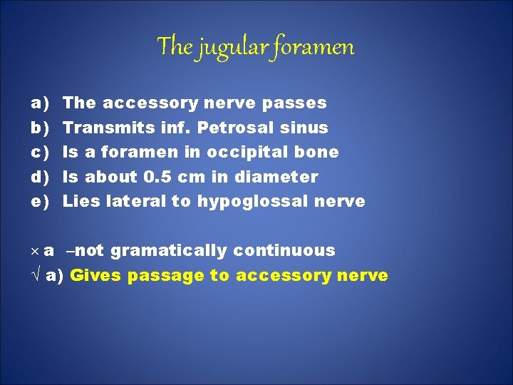 The jugular foramen a) b) c) d) e) The accessory nerve passes Transmits inf.