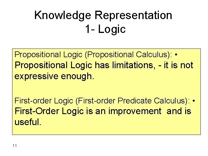 Knowledge Representation 1 - Logic Propositional Logic (Propositional Calculus): • Propositional Logic has limitations, Knowledge Representation 1 - Logic Propositional Logic (Propositional Calculus): • Propositional Logic has limitations,