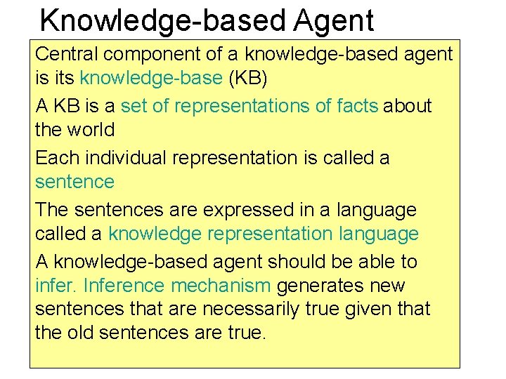 Knowledge-based Agent Central component of a knowledge-based agent is its knowledge-base (KB) A KB