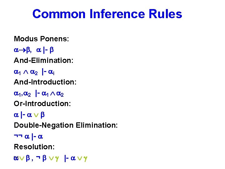 Common Inference Rules Modus Ponens: , |- And-Elimination: 1 2 |- i And-Introduction: 1,