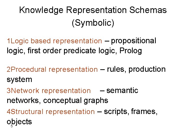Knowledge Representation Schemas (Symbolic) 1 Logic based representation – propositional logic, first order predicate Knowledge Representation Schemas (Symbolic) 1 Logic based representation – propositional logic, first order predicate