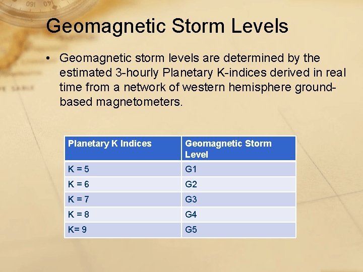 Geomagnetic Storm Levels • Geomagnetic storm levels are determined by the estimated 3 -hourly