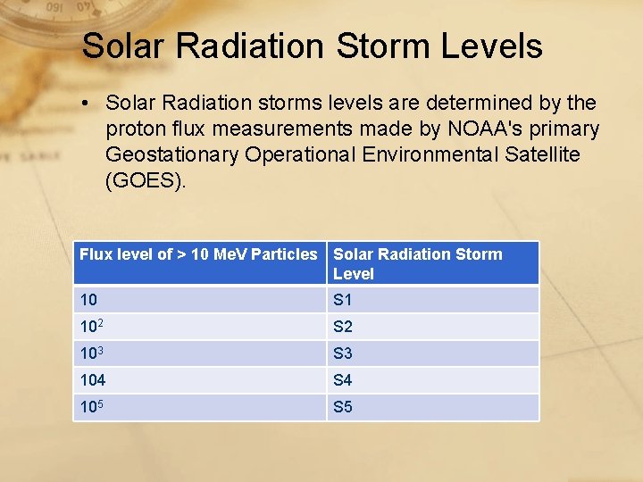 Solar Radiation Storm Levels • Solar Radiation storms levels are determined by the proton