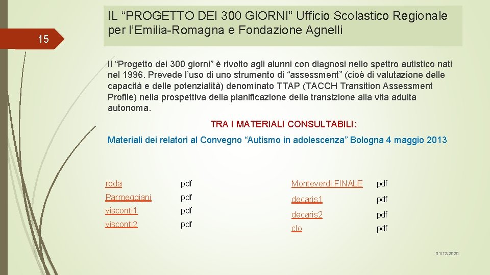 15 IL “PROGETTO DEI 300 GIORNI” Ufficio Scolastico Regionale per l’Emilia-Romagna e Fondazione Agnelli
