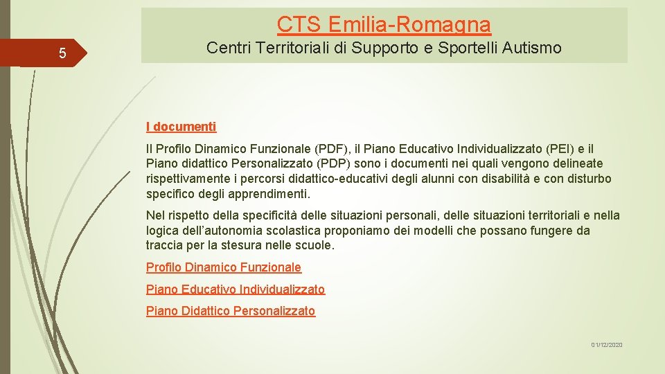 CTS Emilia-Romagna 5 Centri Territoriali di Supporto e Sportelli Autismo I documenti Il Profilo