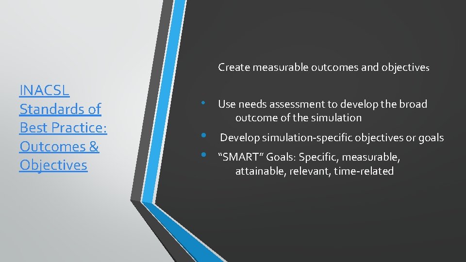 Create measurable outcomes and objectives INACSL Standards of Best Practice: Outcomes & Objectives •