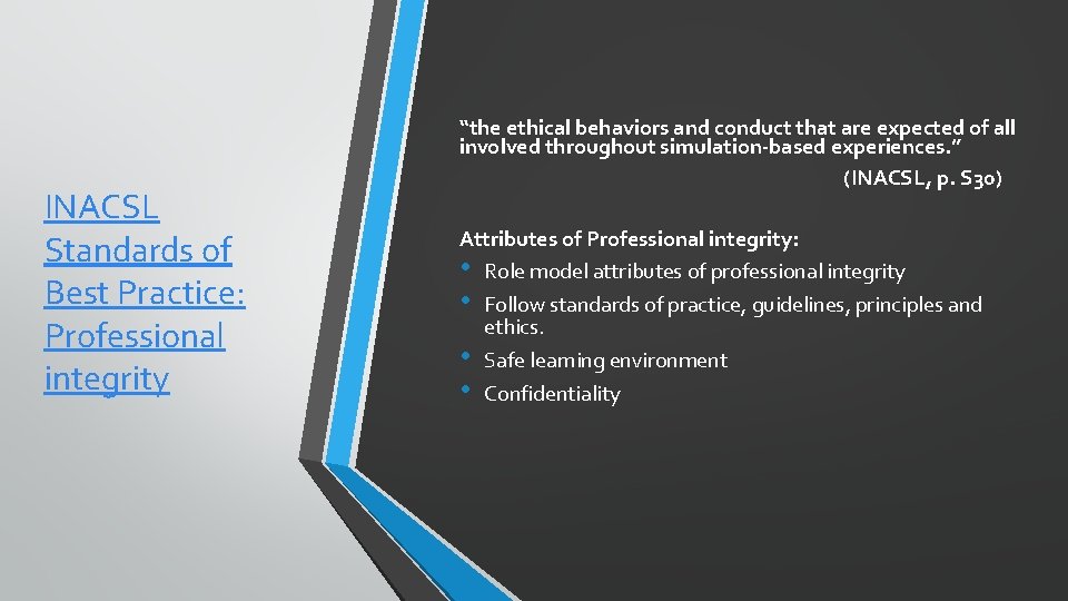 INACSL Standards of Best Practice: Professional integrity “the ethical behaviors and conduct that are