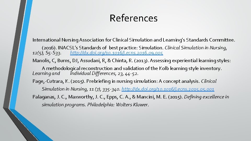 References International Nursing Association for Clinical Simulation and Learning’s Standards Committee. (2016). INACSL’s Standards