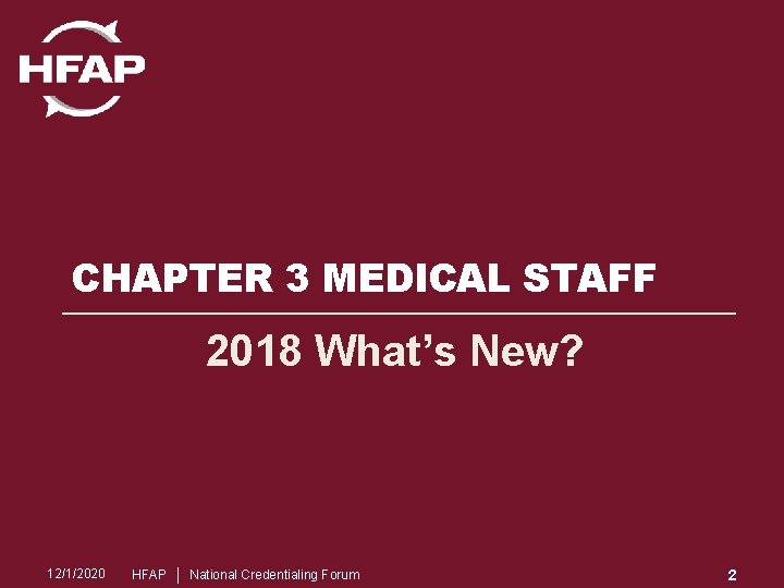 CHAPTER 3 MEDICAL STAFF 2018 What’s New? 12/1/2020 HFAP │ National Credentialing Forum 2