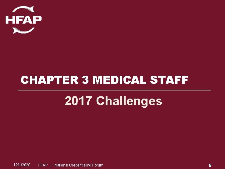 CHAPTER 3 MEDICAL STAFF 2017 Challenges 12/1/2020 HFAP │ National Credentialing Forum 8 