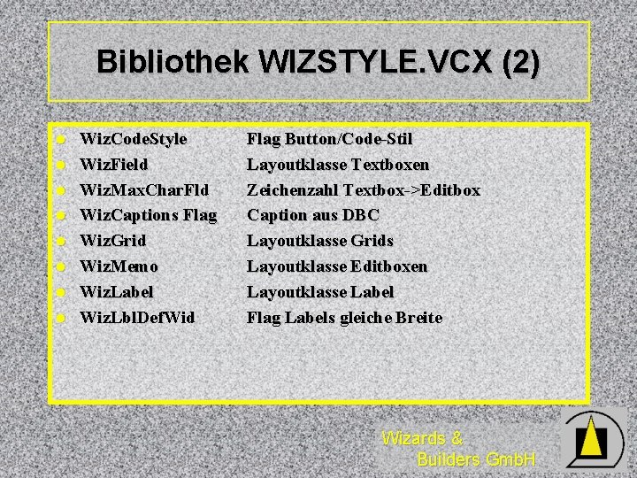 Bibliothek WIZSTYLE. VCX (2) l l l l Wiz. Code. Style Wiz. Field Wiz.