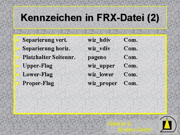 Kennzeichen in FRX-Datei (2) l l l Separierung vert. Separierung horiz. Platzhalter Seitennr. Upper-Flag