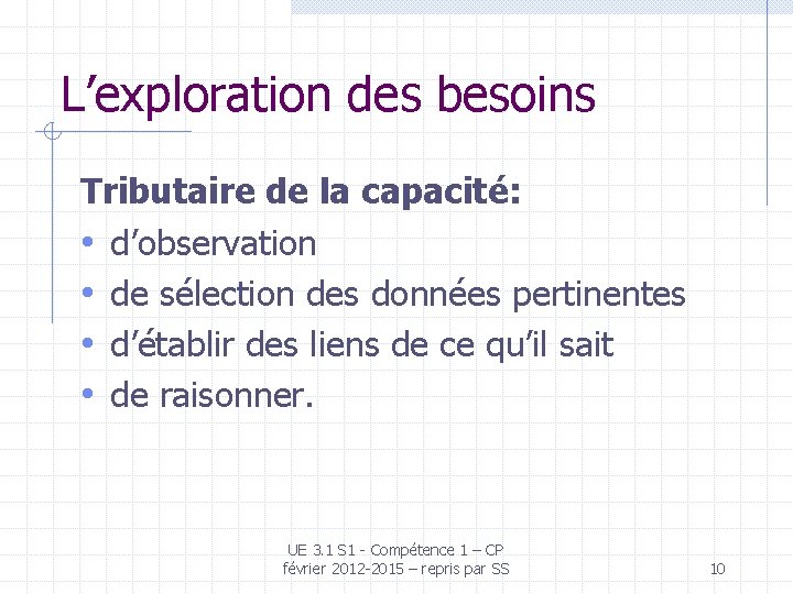 L’exploration des besoins Tributaire de la capacité: • d’observation • de sélection des données