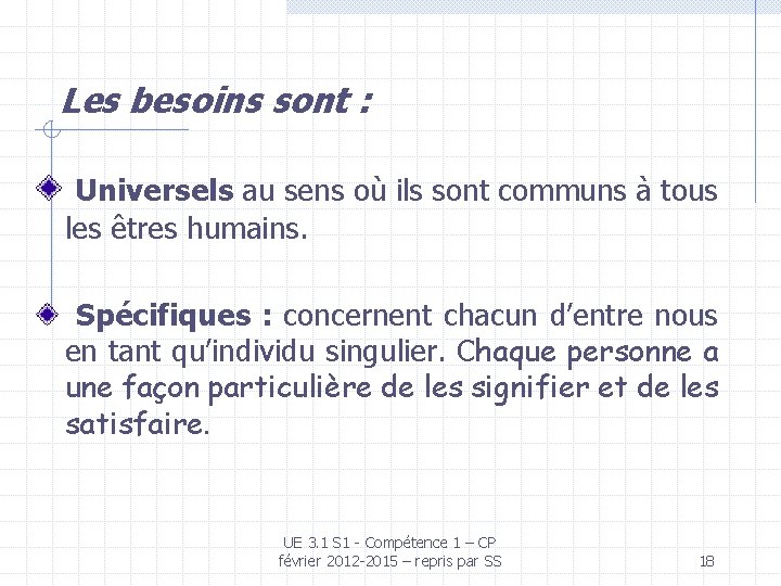 Les besoins sont : Universels au sens où ils sont communs à tous les