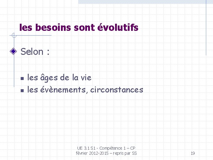 les besoins sont évolutifs Selon : n n les âges de la vie les