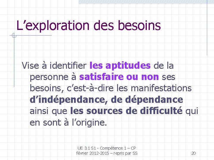 L’exploration des besoins Vise à identifier les aptitudes de la personne à satisfaire ou