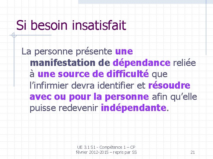 Si besoin insatisfait La personne présente une manifestation de dépendance reliée à une source Si besoin insatisfait La personne présente une manifestation de dépendance reliée à une source
