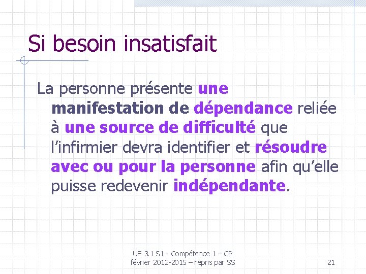 Si besoin insatisfait La personne présente une manifestation de dépendance reliée à une source